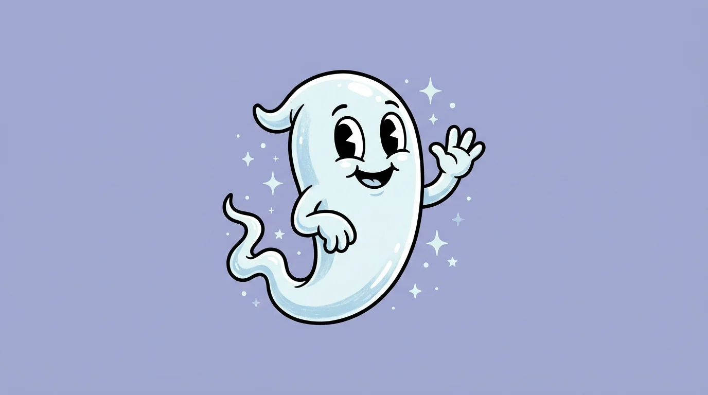 A high-quality digital illustration of a friendly vintage cartoon ghost in a 1930s animation style, floating against a clean pastel purple background with sparkles.