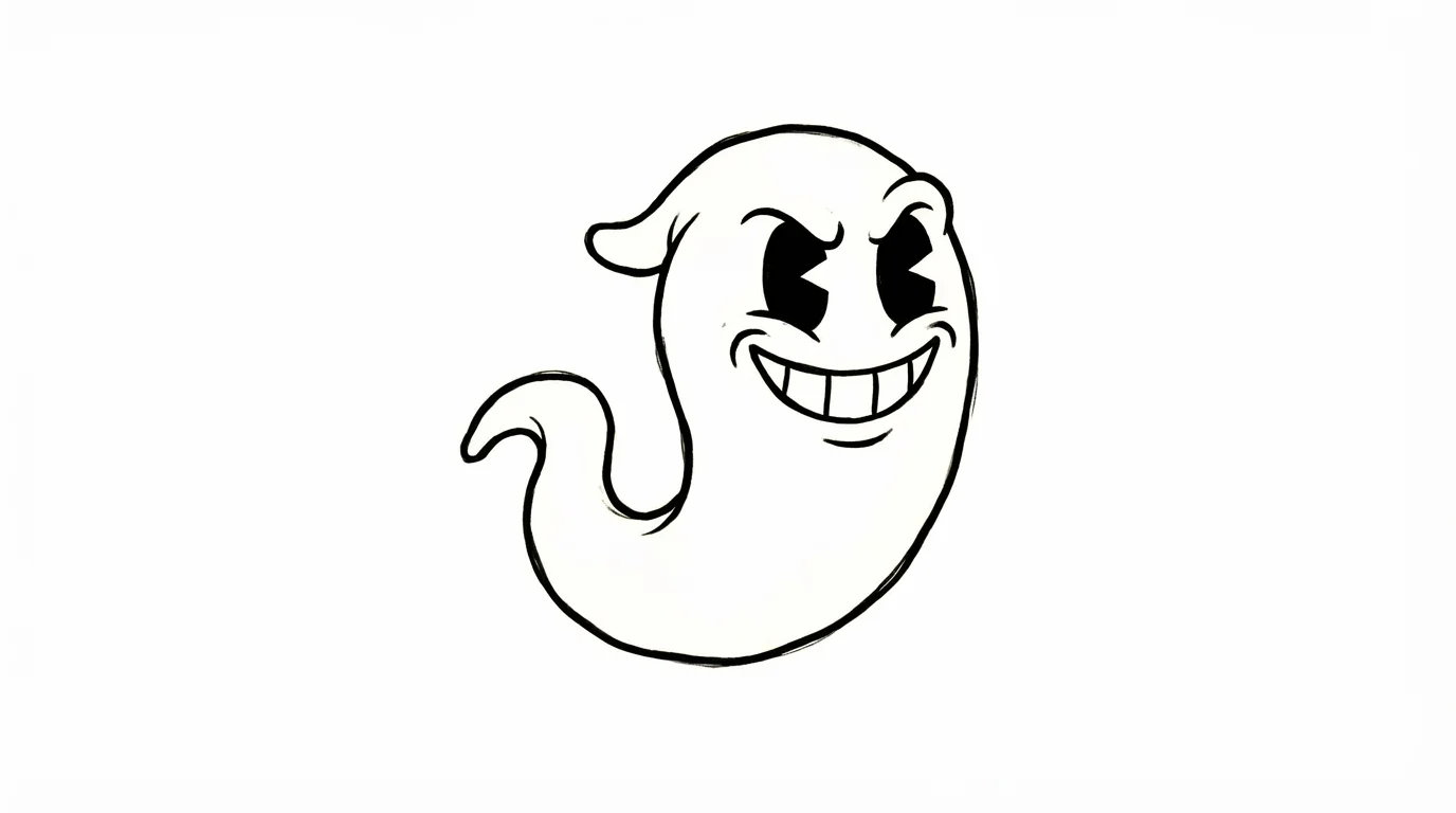 A friendly ghost illustrated in a 1930s vintage cartoon style, with large black eyes and a wide smile, floating against a clean white background.