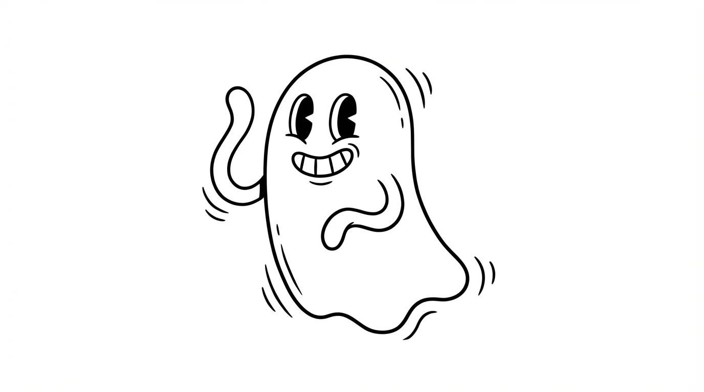 A vintage-style cartoon ghost, drawn in black and white with rubber hose limbs and pie-cut eyes, waving happily on a solid white background.
