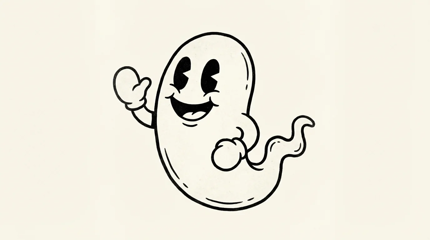 A friendly vintage cartoon ghost with large pie-cut eyes and a wide smile, waving cheerfully against a solid white background.