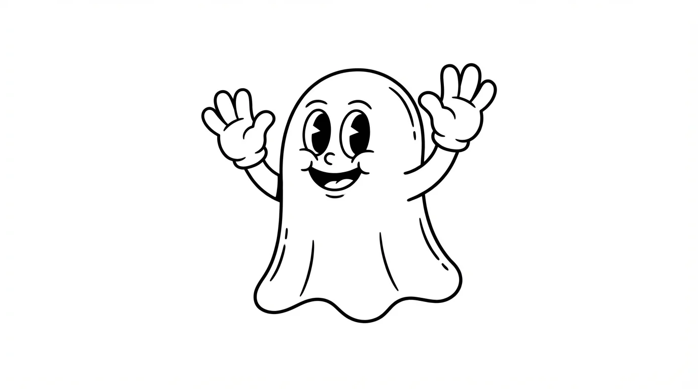 A friendly vintage cartoon ghost from the 1930s, smiling and waving. The ghost has classic pie-cut eyes and is rendered in a black-and-white style against a solid white background.