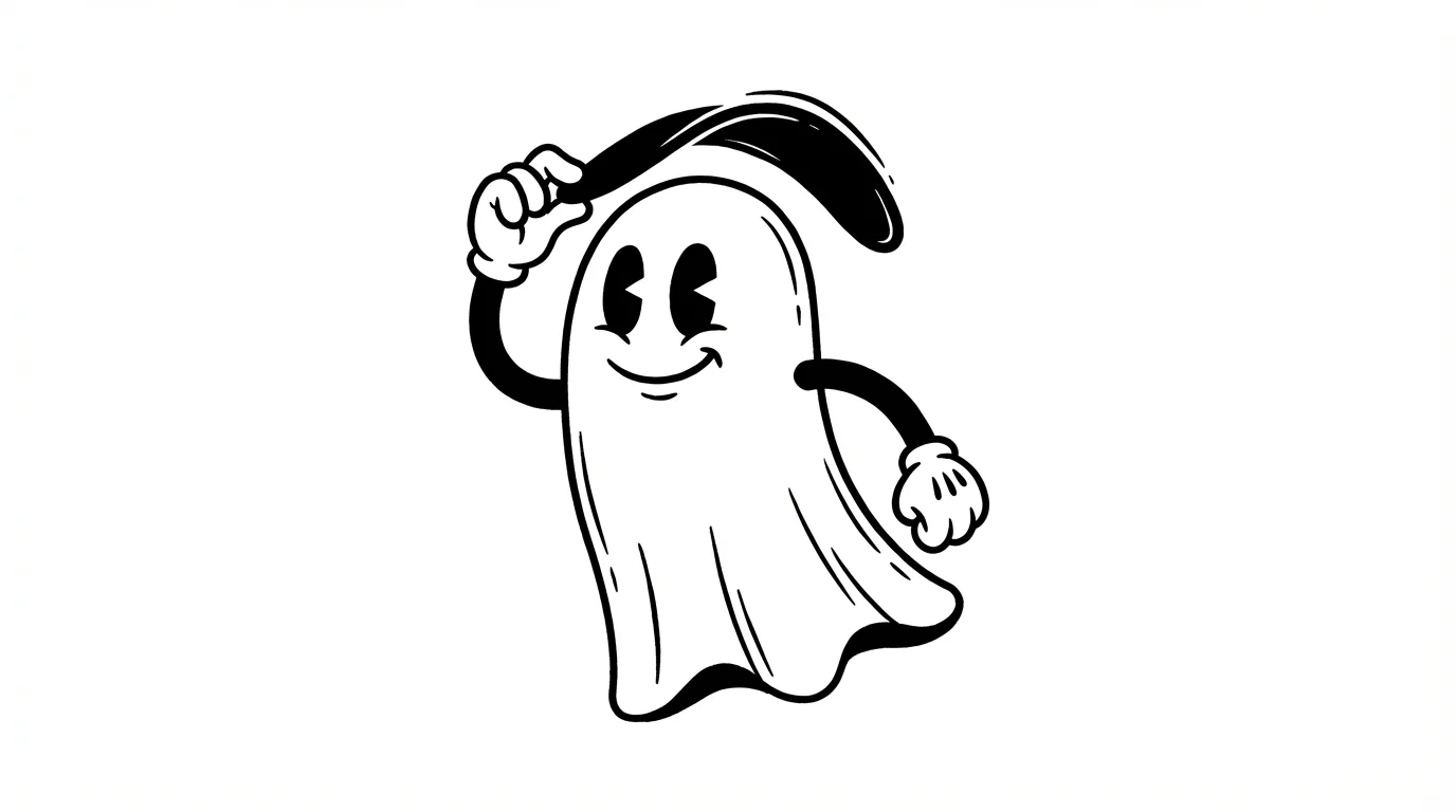 A friendly ghost character designed in a black-and-white vintage cartoon style from the 1930s, isolated on a white background.