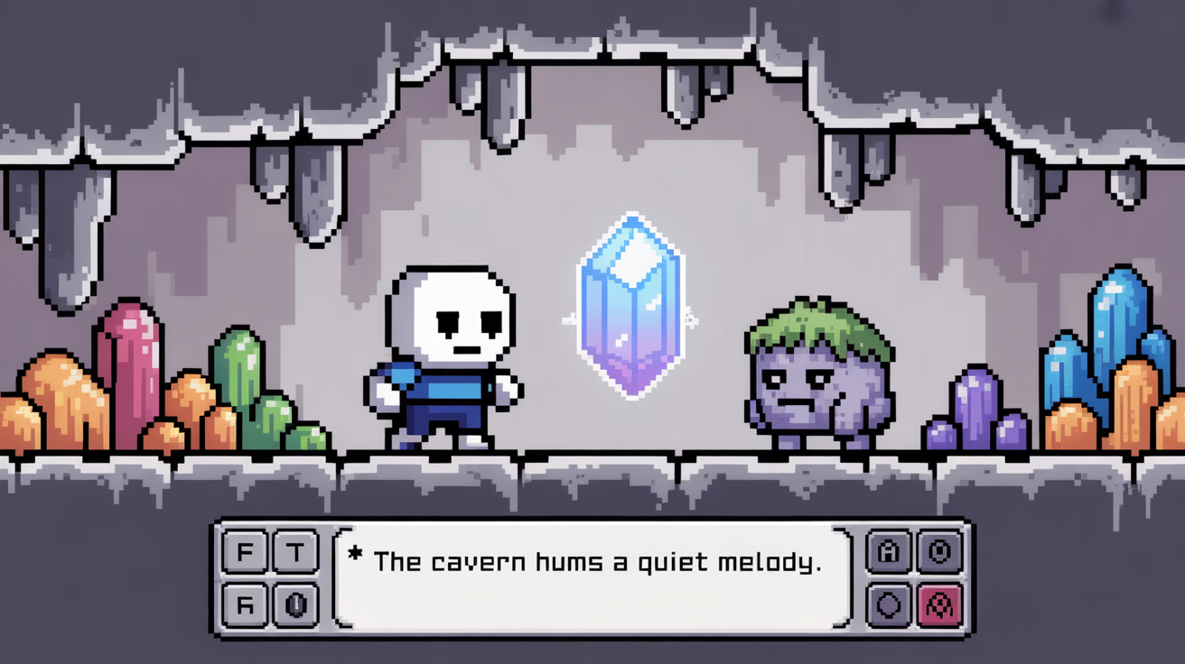 A polished screenshot of a fictional video game designed in the pixel art style of Undertale. The image shows a battle scene in a glowing cave, featuring a player character sprite and two unique monster sprites. A classic game UI with a dialogue box and action buttons is visible at the bottom.