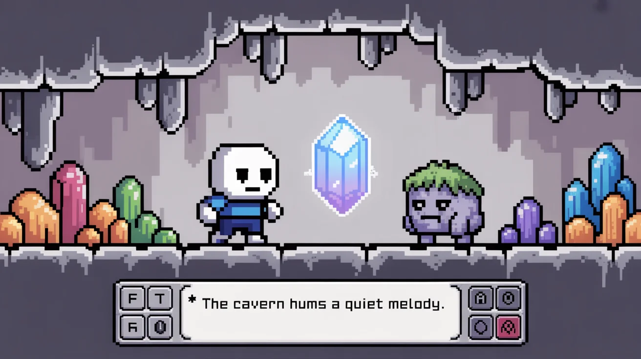 A polished screenshot of a fictional video game designed in the pixel art style of Undertale. The image shows a battle scene in a glowing cave, featuring a player character sprite and two unique monster sprites. A classic game UI with a dialogue box and action buttons is visible at the bottom.