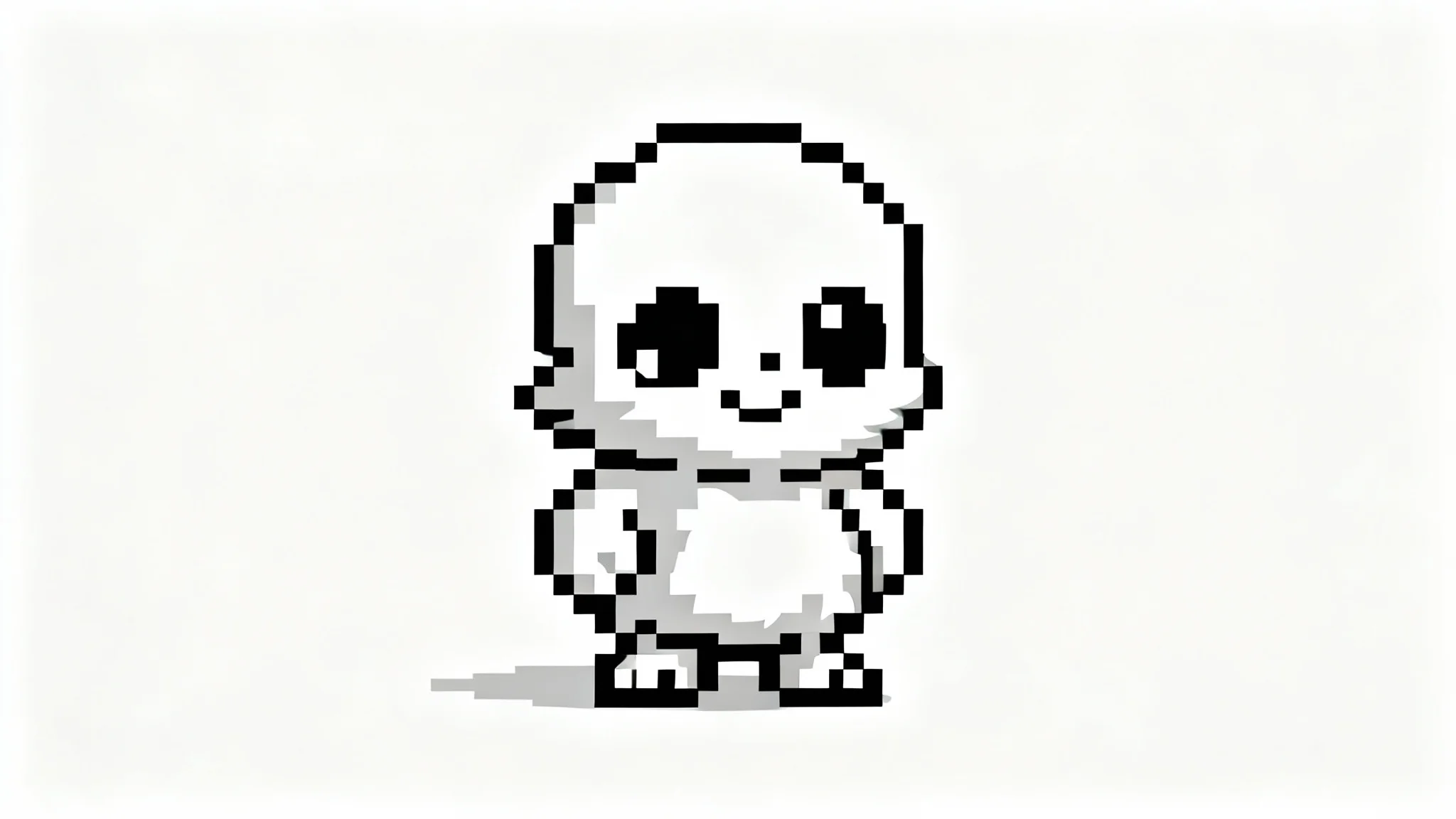 A black and white pixel art sprite of a small, fluffy monster in the style of the video game Undertale, set against a white background.