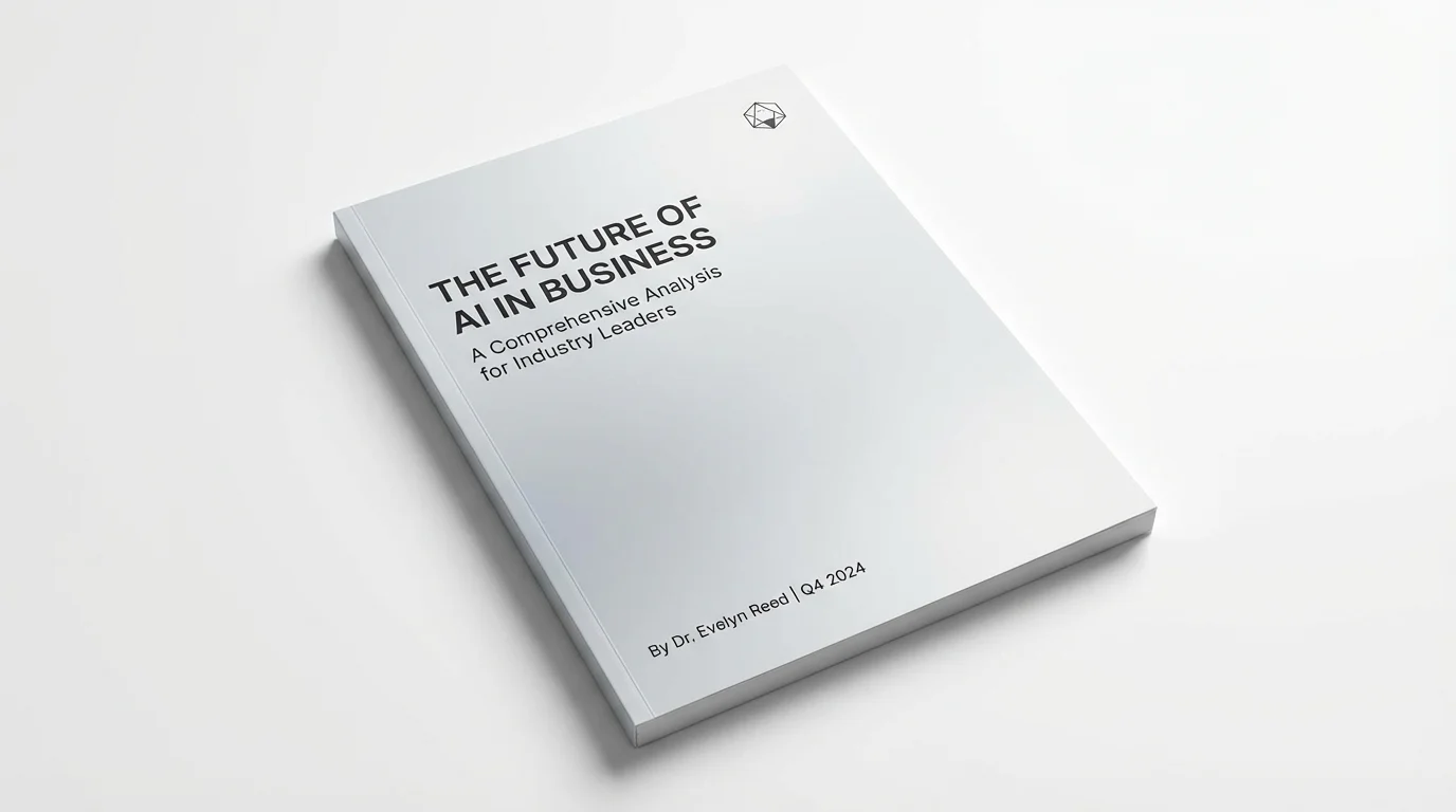 A professional mockup of a modern white paper cover titled 'The Future of AI in Business', displayed at an angle on a clean white background to showcase its sleek and corporate design.
