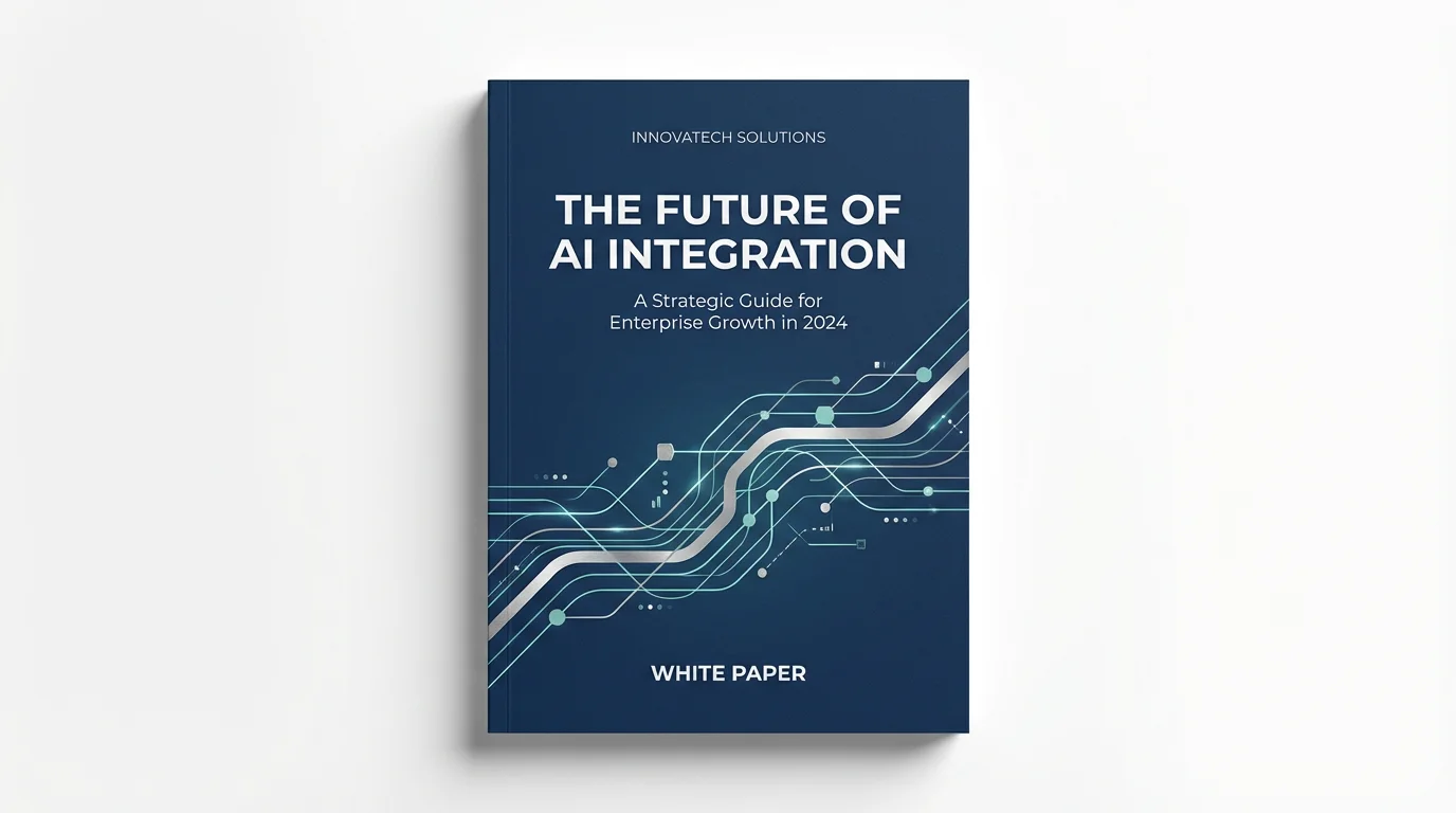 A professional mockup of a white paper cover titled 'The Future of AI Integration' from Innovatech Solutions. The cover features a modern, high-tech design on a navy blue background, presented against a clean white surface.
