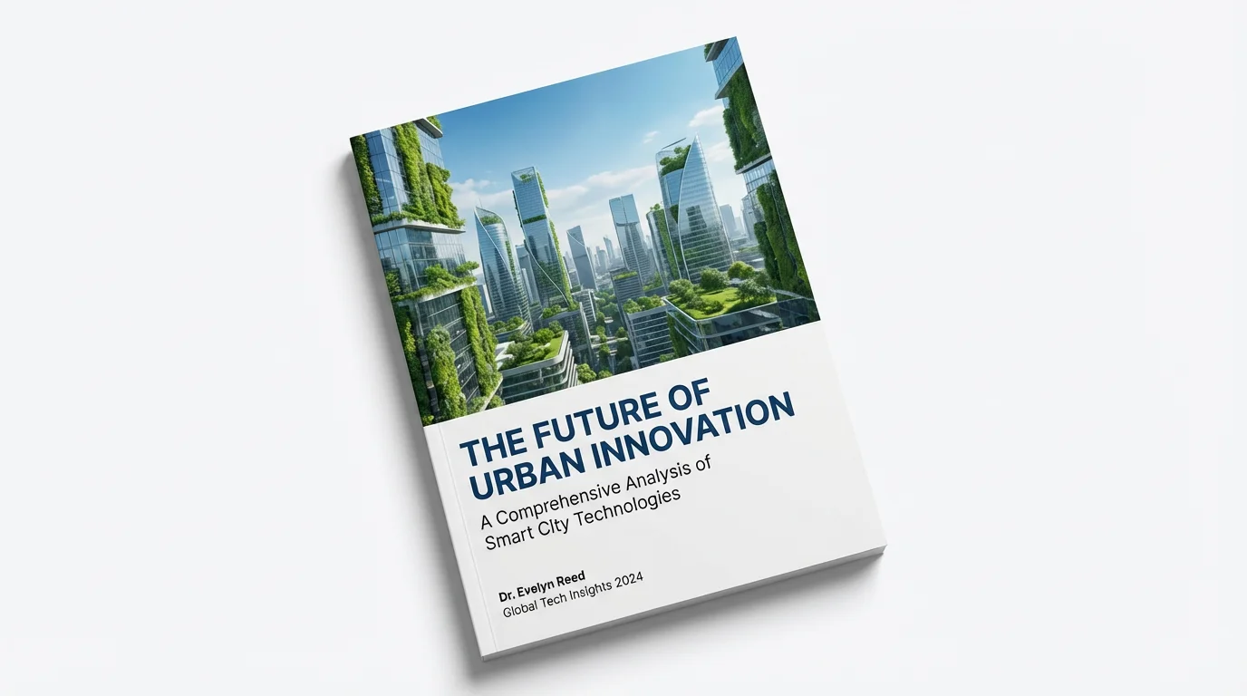 A professional mockup of a white paper cover titled 'The Future of Urban Innovation,' featuring a futuristic city with green architecture, on a clean white background.