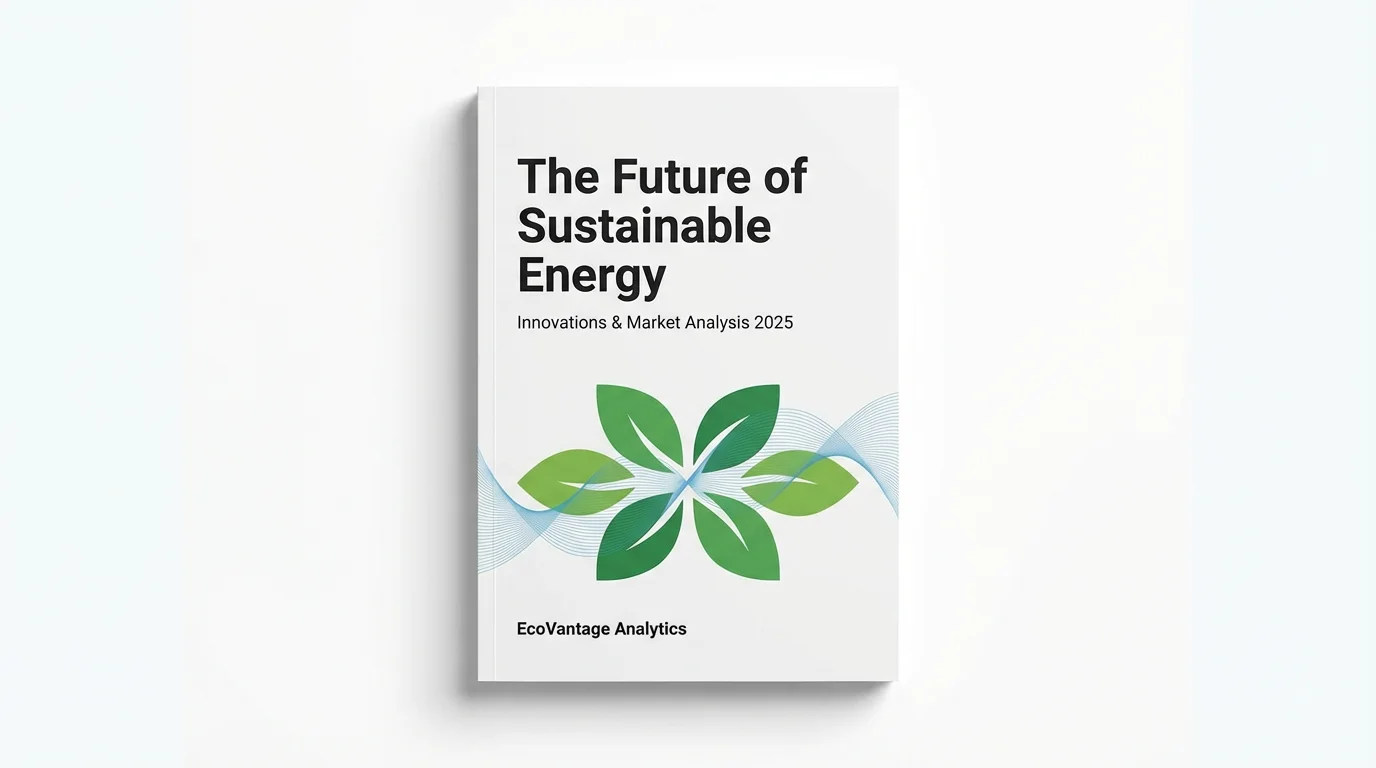 A professional mockup of a white paper cover titled 'The Future of Sustainable Energy', featuring a minimalist design with green and blue graphics on a white background.