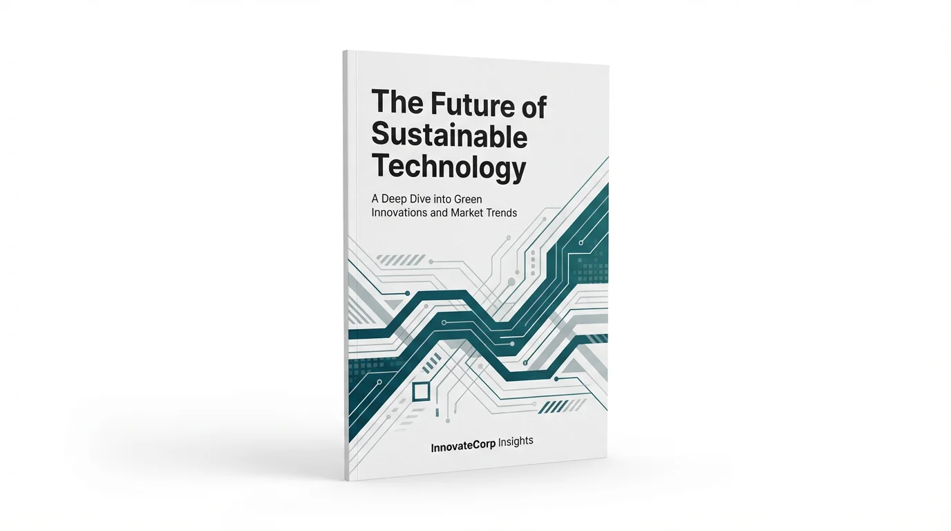 A professional mockup of a white paper cover titled 'The Future of Sustainable Technology,' featuring a modern design with abstract teal and gray graphics, displayed on a white background.