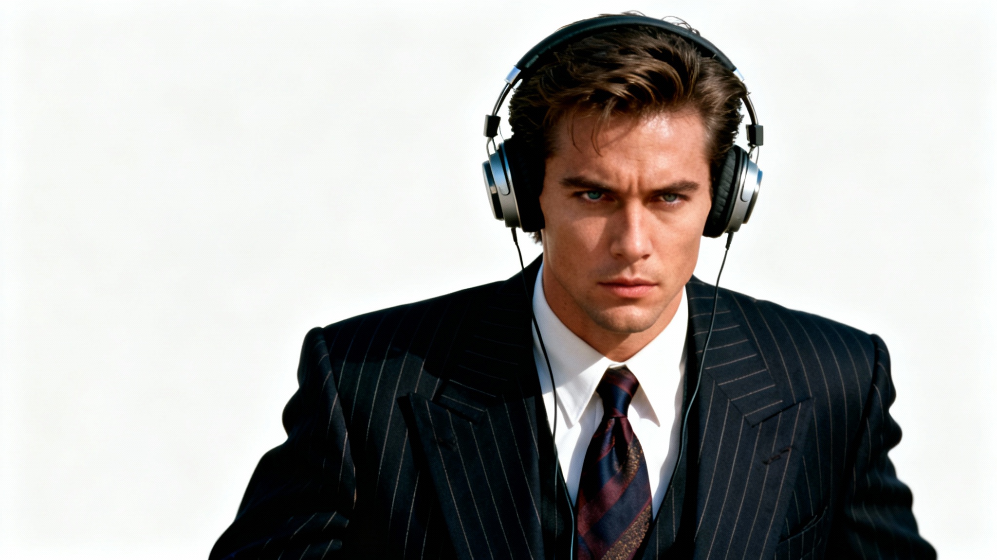 A photorealistic mockup of the 'sigma' meme, showing a man in a vintage business suit and headphones walking with a stoic expression against a plain white background.