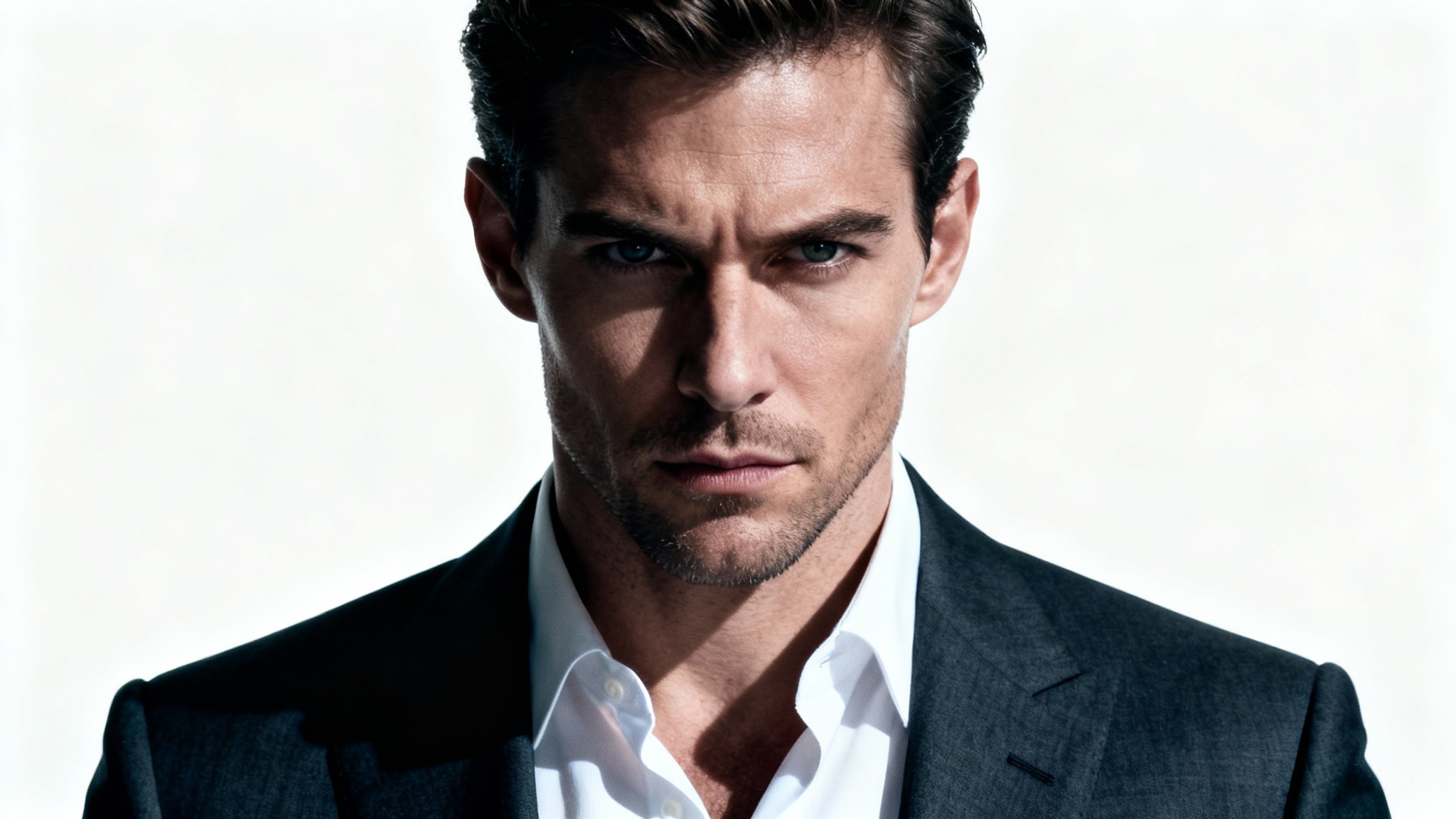 A photorealistic, chest-up portrait of a confident man in a dark suit against a white background, representing the sigma meme archetype.