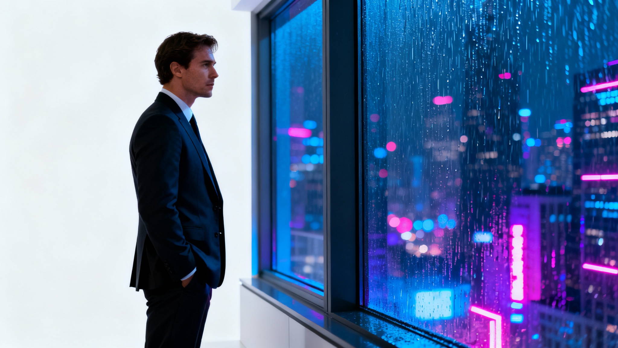 A man in a suit looks out a rainy window at a neon-lit city at night, embodying the stoic sigma meme aesthetic.