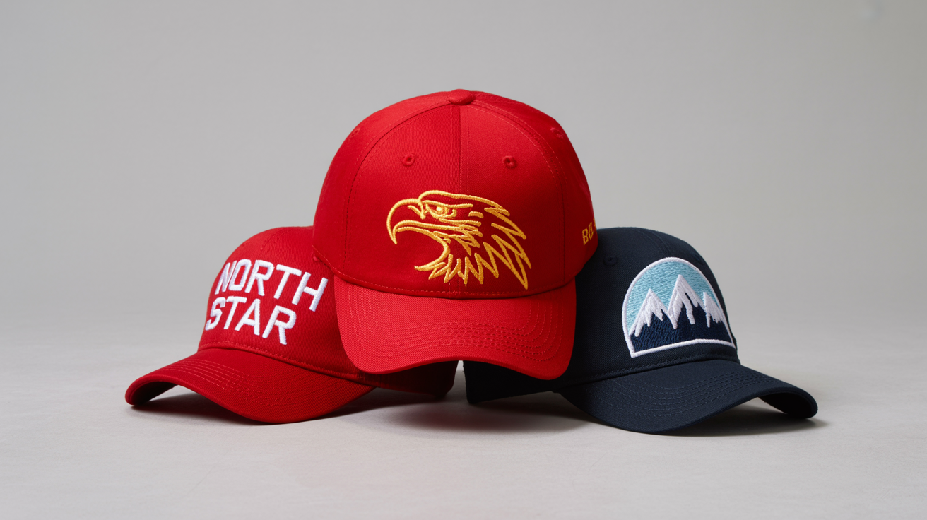 A professional product shot displaying three different custom-designed baseball caps as final products. One red cap has an eagle logo, a black cap has the text 'NORTH STAR', and a blue cap has a mountain patch, all showcasing high-quality embroidery.