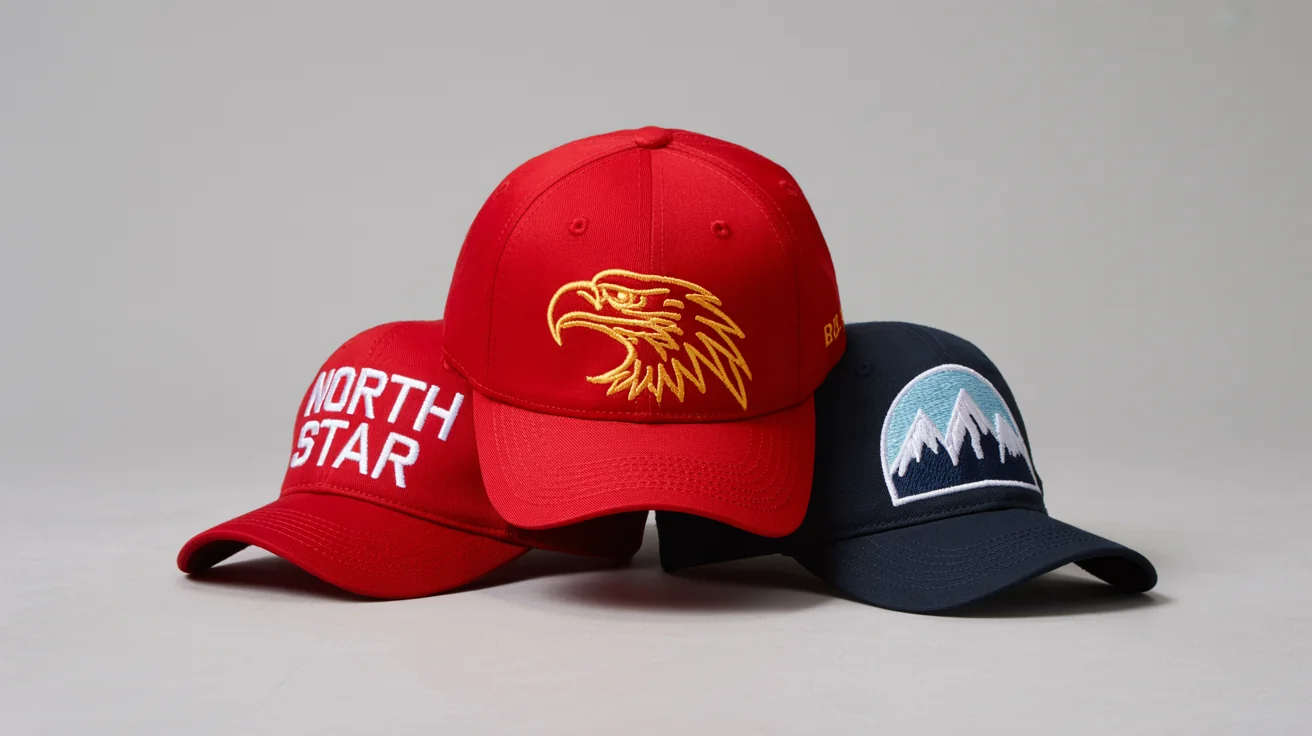A professional product shot displaying three different custom-designed baseball caps as final products. One red cap has an eagle logo, a black cap has the text 'NORTH STAR', and a blue cap has a mountain patch, all showcasing high-quality embroidery.