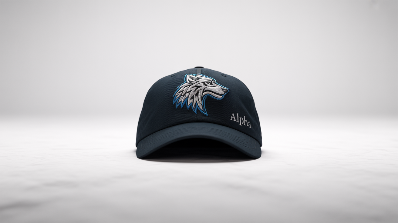 A professional mockup of a black baseball cap featuring a detailed silver and blue embroidered wolf on the front and the word 'ALPHA' on the side, presented on a white background.
