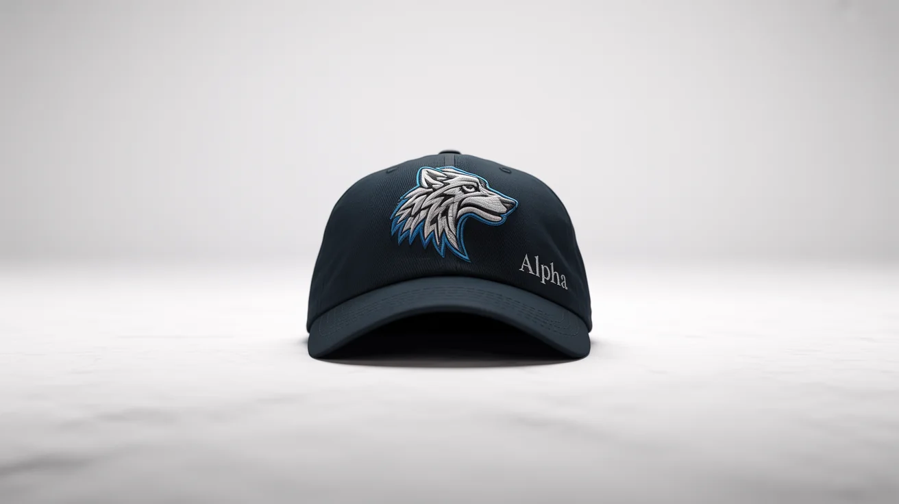 A professional mockup of a black baseball cap featuring a detailed silver and blue embroidered wolf on the front and the word 'ALPHA' on the side, presented on a white background.