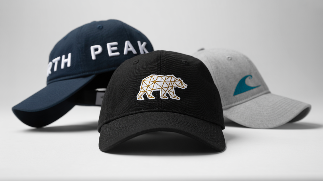 A mockup of three professionally designed baseball caps with different colors and embroidered designs, including a geometric bear and the text 'NORTH PEAK', on a white background.