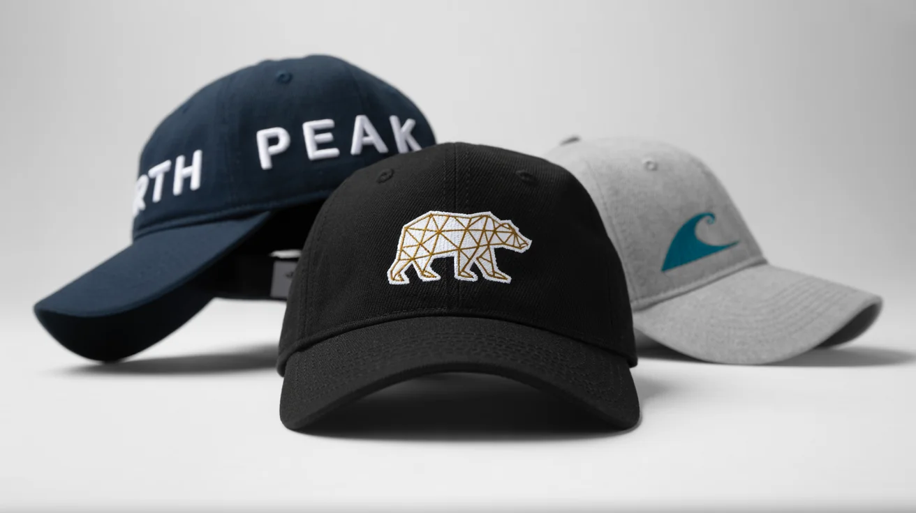 A mockup of three professionally designed baseball caps with different colors and embroidered designs, including a geometric bear and the text 'NORTH PEAK', on a white background.