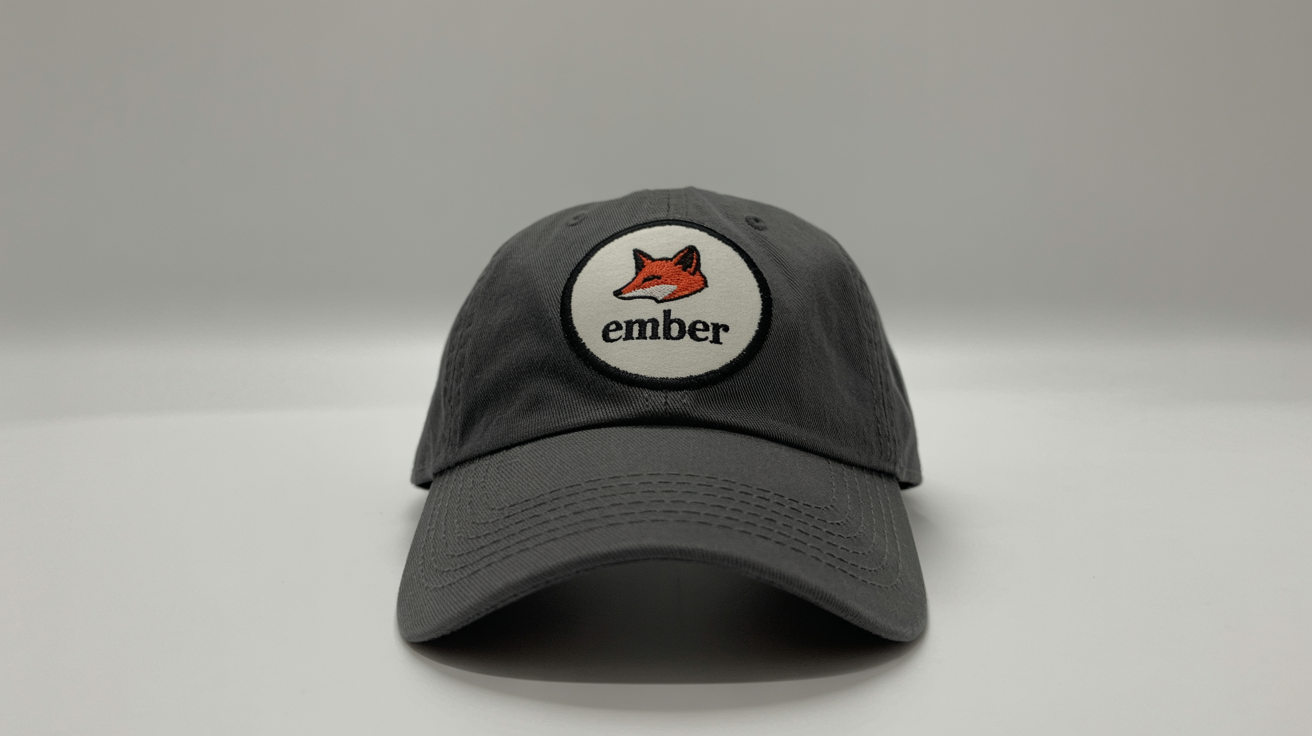 A mockup of a custom-designed black baseball cap featuring an embroidered patch with a stylized red fox and the word 'EMBER', set against a plain white background.