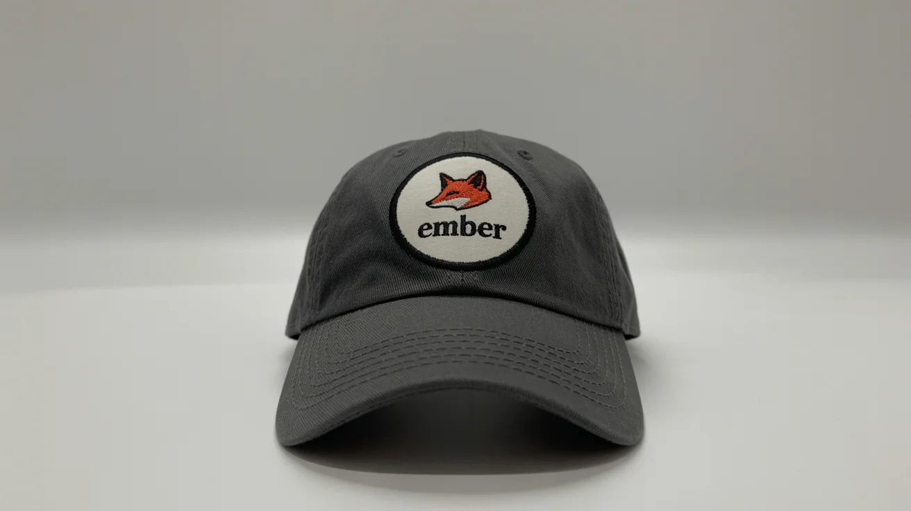 A mockup of a custom-designed black baseball cap featuring an embroidered patch with a stylized red fox and the word 'EMBER', set against a plain white background.