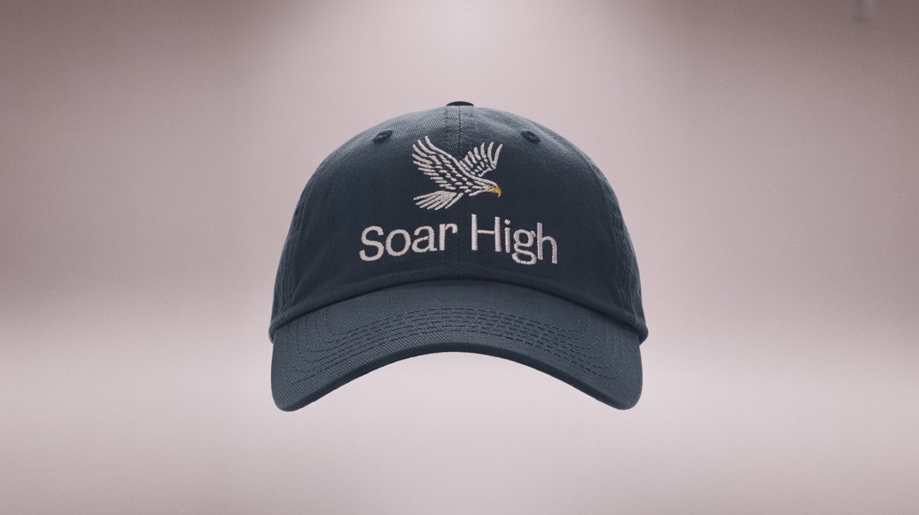 A product mockup of a dark navy blue baseball cap featuring a detailed embroidery of a silver and gold eagle and the text 'SOAR HIGH' on a white background.