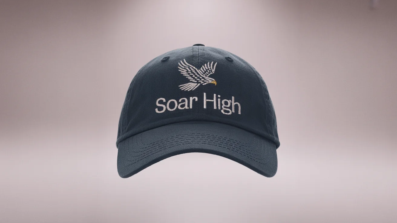 A product mockup of a dark navy blue baseball cap featuring a detailed embroidery of a silver and gold eagle and the text 'SOAR HIGH' on a white background.
