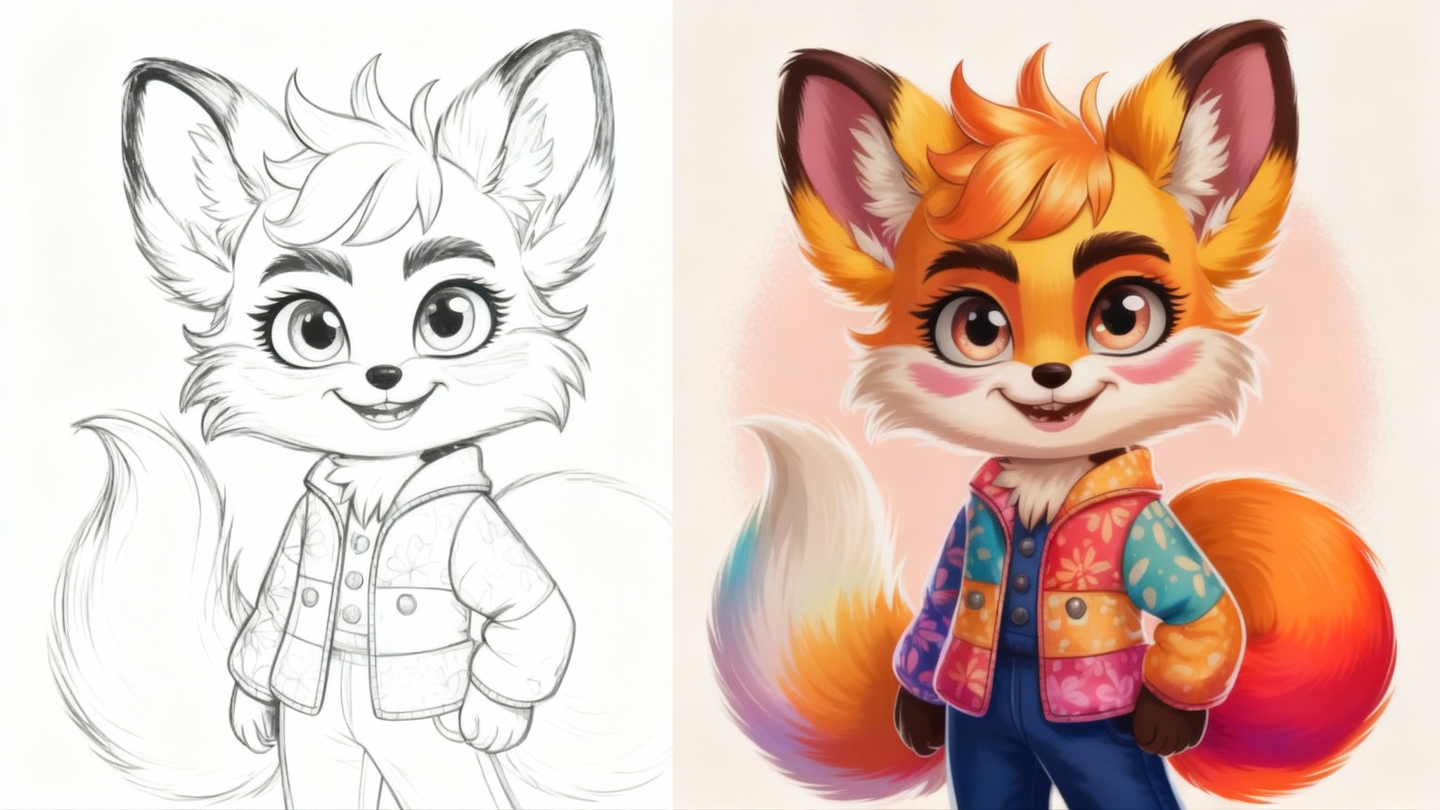 A split-screen image showing the effect of a colorize line art tool. The left side shows a black and white line drawing of a cute anthropomorphic character. The right side shows the same character fully colored in with vibrant, bright colors and a soft background.