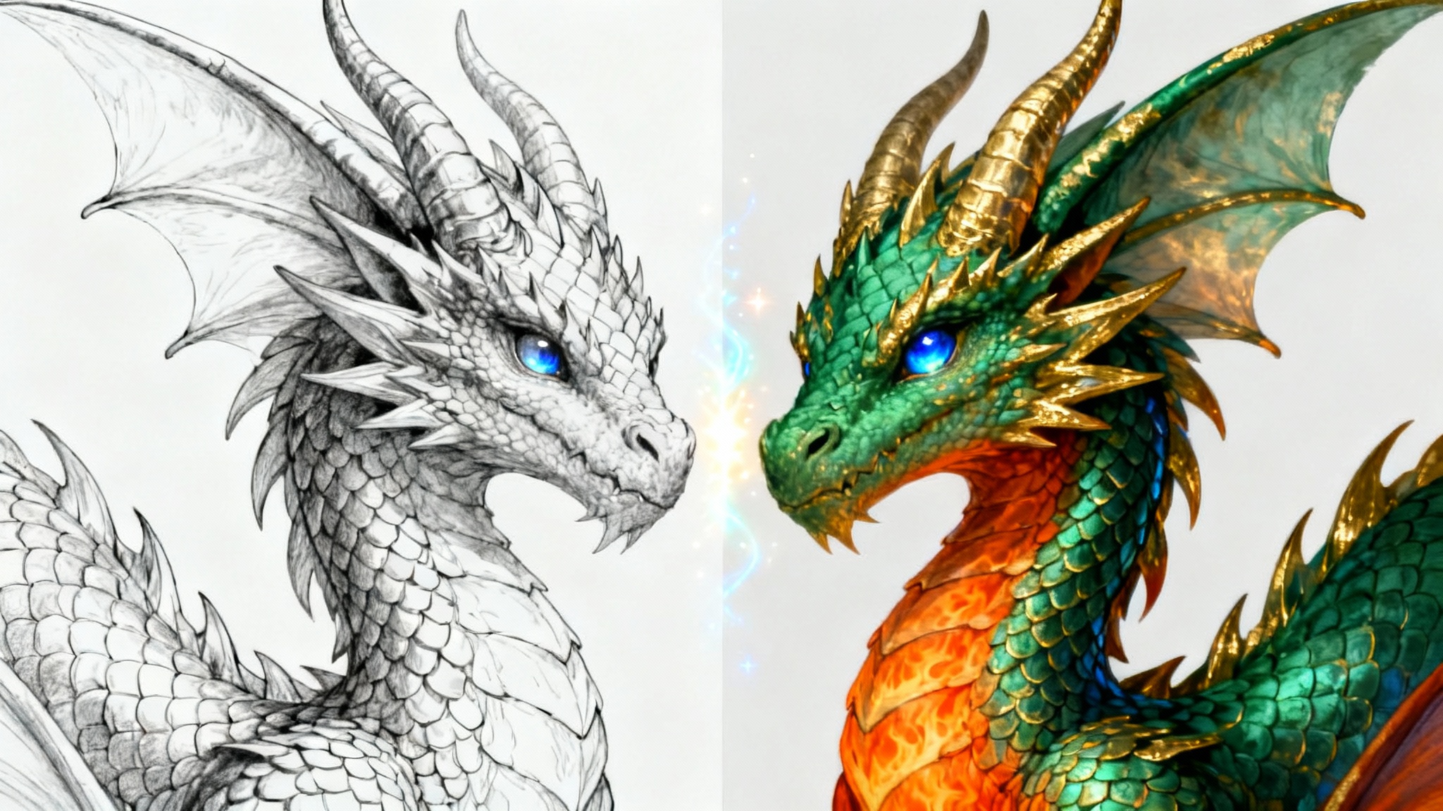 An illustration demonstrating a line art colorization tool, featuring a majestic dragon that is half black-and-white line art and half fully colored in vibrant greens and oranges.