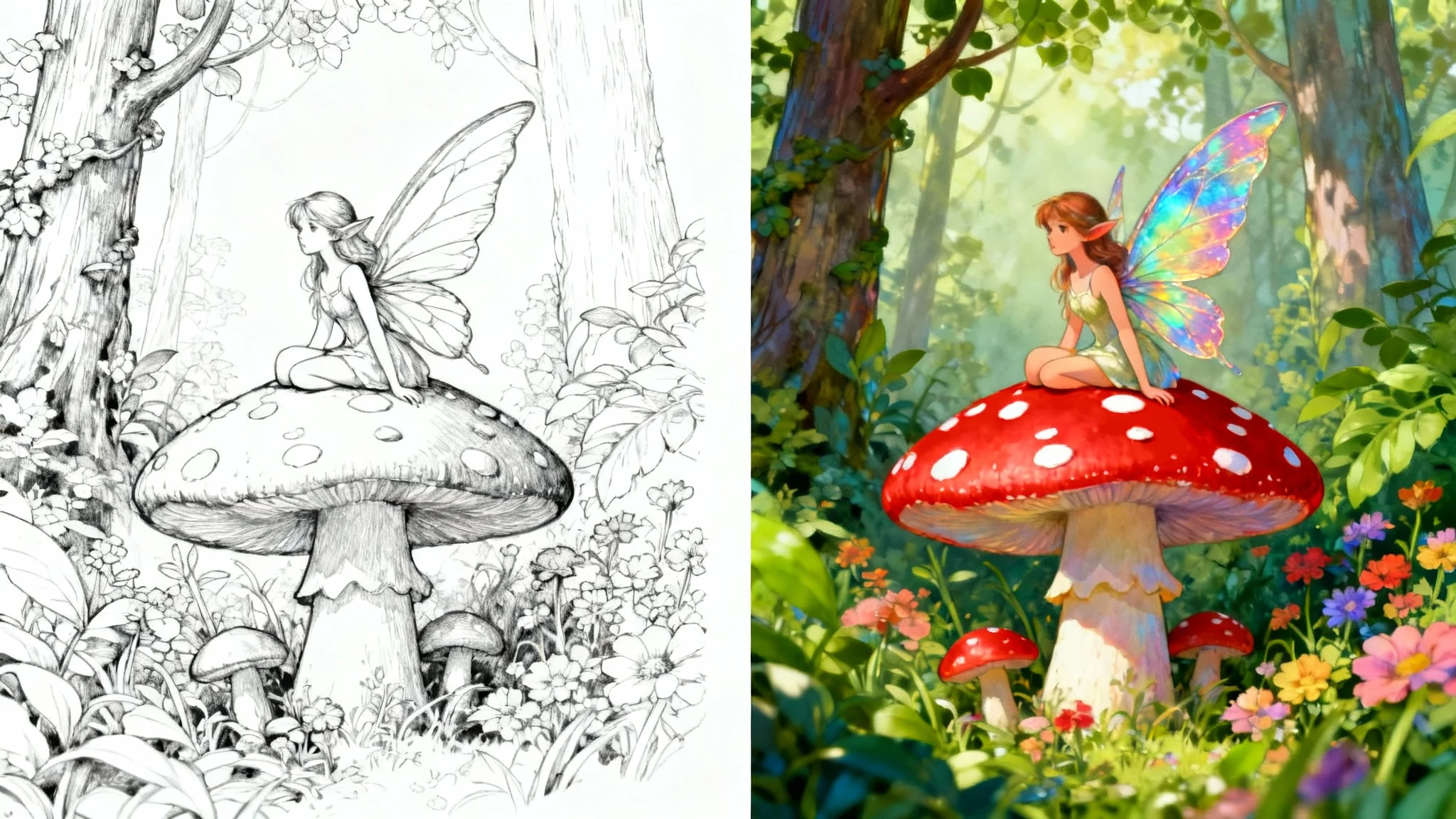 A side-by-side comparison of a line art drawing being colorized. The left half shows a black and white drawing of a fairy in a forest, and the right half shows the same image fully colored with vibrant, magical colors.