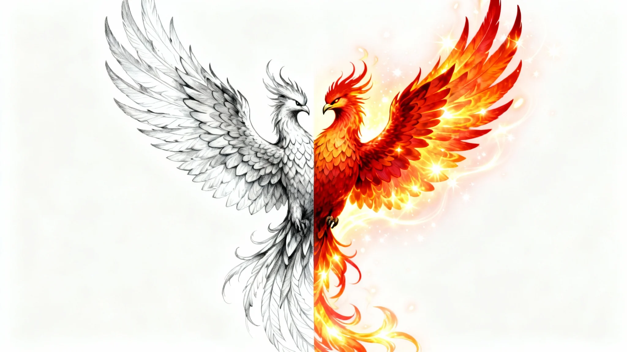 A before-and-after style illustration of a phoenix. The left side shows the bird in black and white line art, while the right side is brilliantly colored in reds and oranges, demonstrating the effect of colorizing line art.