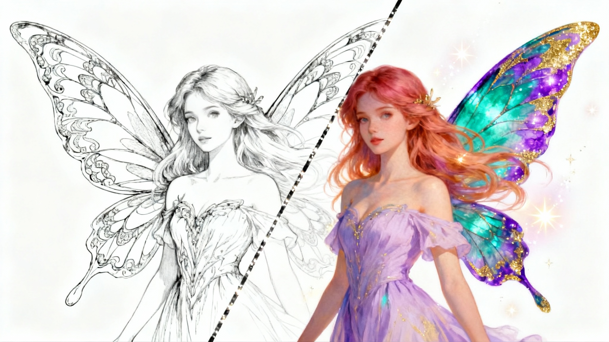 A diagonally split image demonstrating the colorization of line art. The top half shows a detailed black and white line drawing of a fairy, while the bottom half reveals the same fairy beautifully colored with vibrant, magical hues.