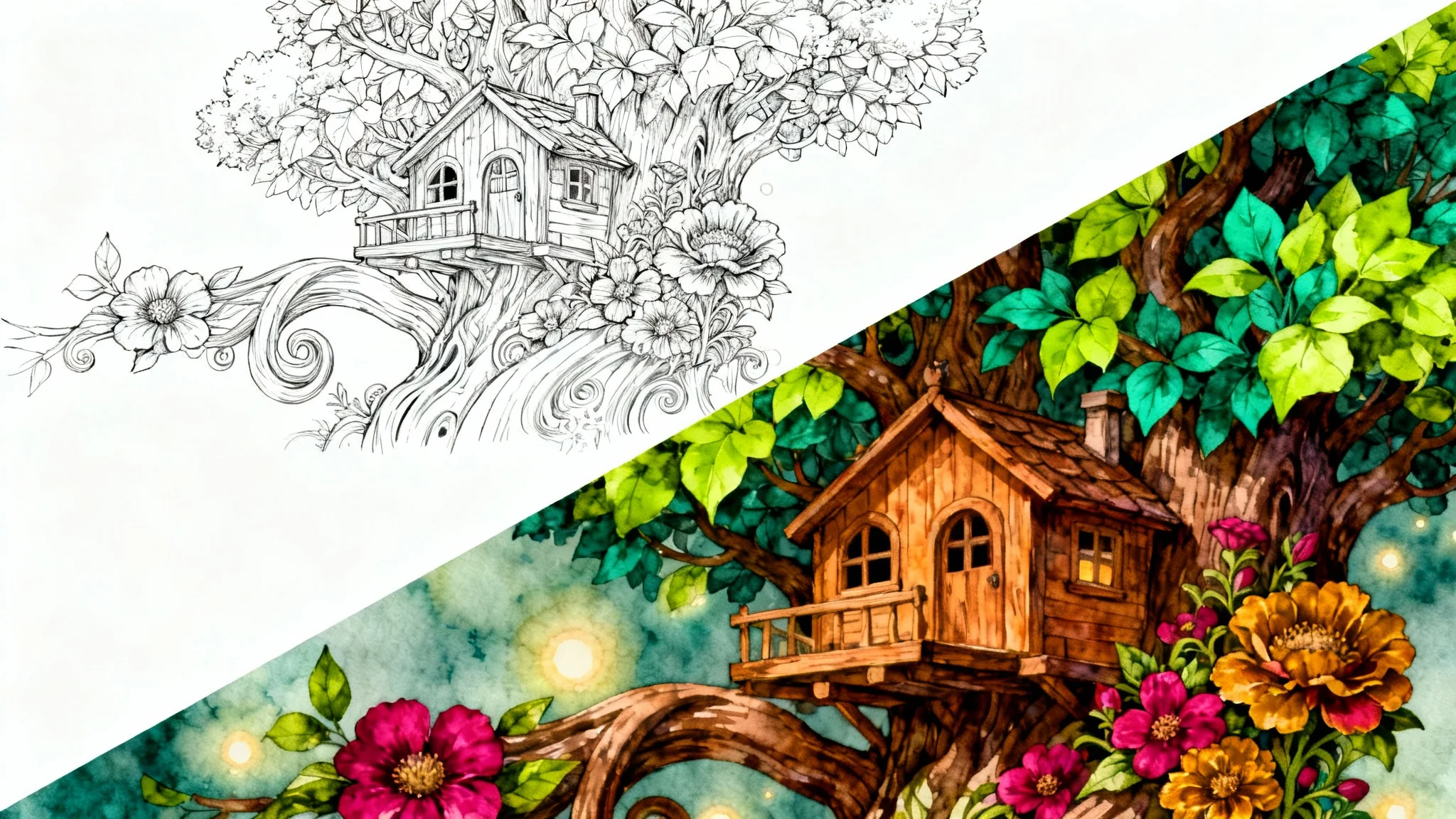 A diagonally split image showing the colorization of line art. The top-left shows a black and white line drawing of a fantasy treehouse, while the bottom-right shows the same image fully colored with vibrant watercolors.