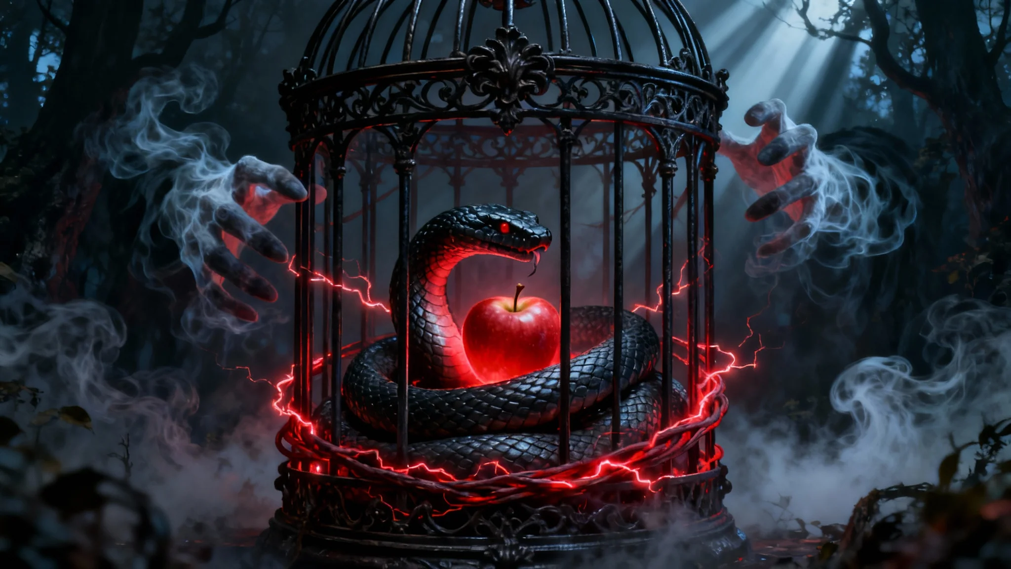 A hyper-detailed dark fantasy desktop wallpaper. In the center, a sinister birdcage contains a black snake coiled around a glowing red apple. Ethereal hands made of shadow hold the cage, which is wrapped in red energy tendrils, all set within a dark, misty forest.