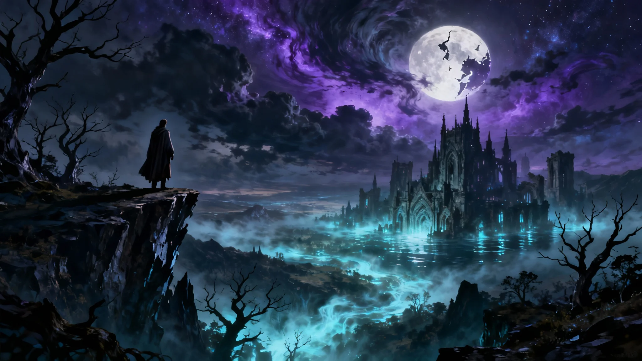 A dark fantasy desktop wallpaper showing a solitary figure on a cliff overlooking a misty valley filled with ancient ruins under a stormy, purple sky with a broken moon.