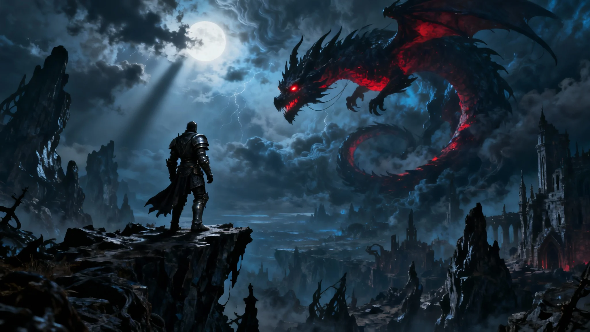 A photorealistic dark fantasy wallpaper showing a lone knight in armor on a cliff, looking out as a massive dragon with glowing red eyes flies through a stormy sky above a desolate landscape.