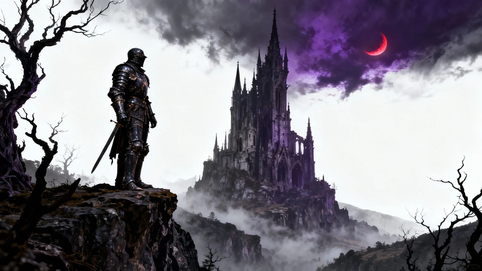 A dark fantasy desktop wallpaper showing a knight in dark armor standing on a cliff, overlooking a misty valley with a decaying gothic castle in the distance under a stormy purple sky with a red moon.