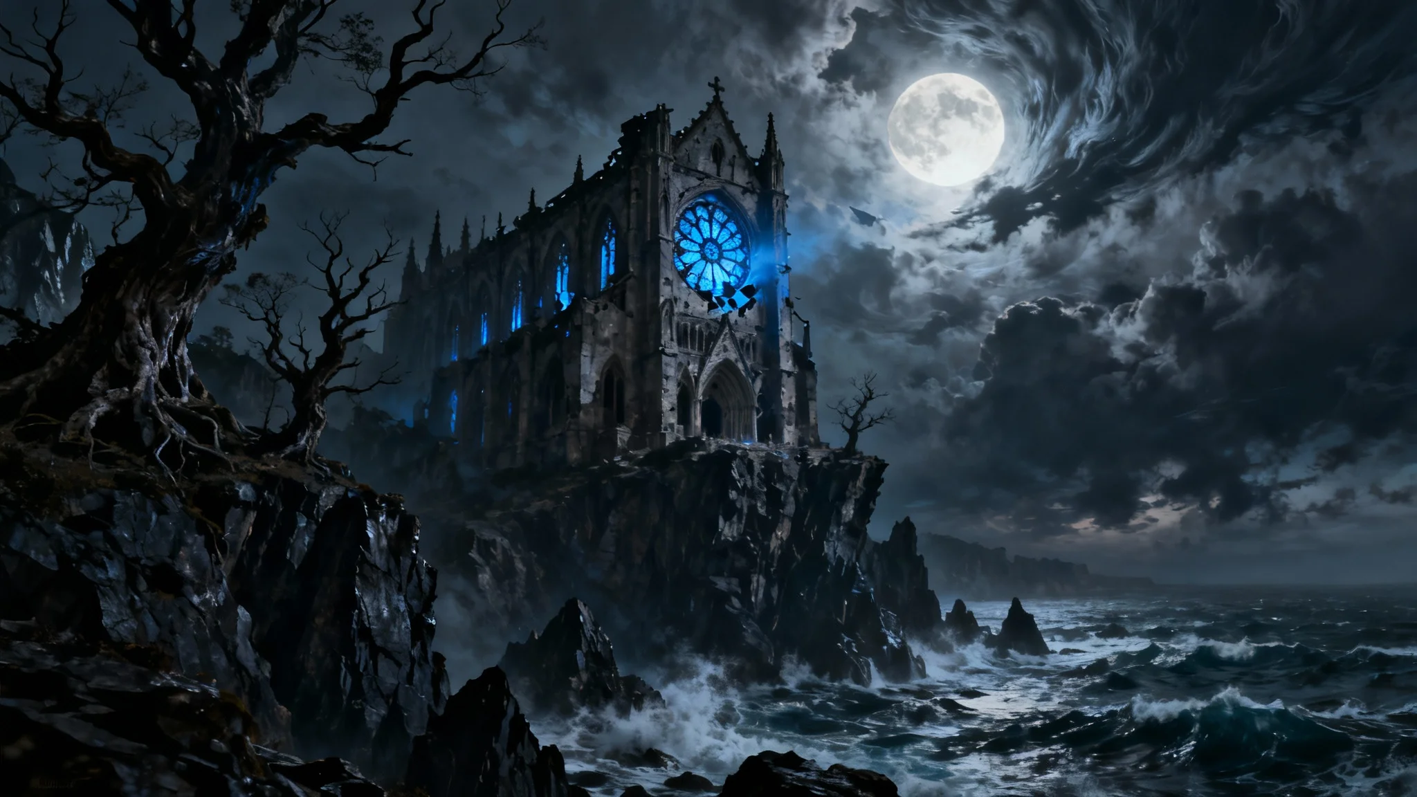 A dark fantasy desktop wallpaper showing a crumbling gothic cathedral on a cliff's edge at night, with a large moon breaking through storm clouds and casting dramatic light.