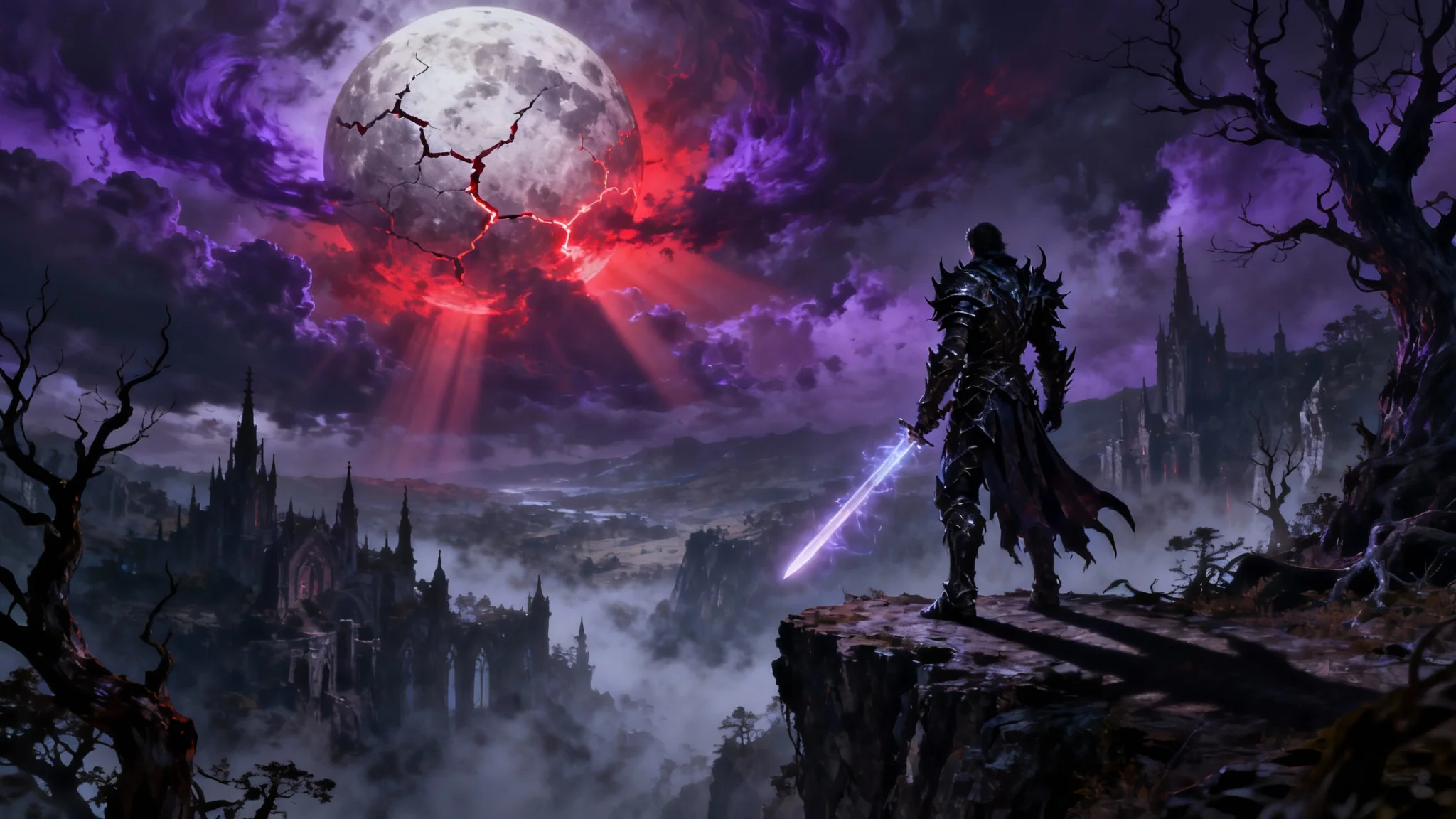A dark fantasy desktop wallpaper depicting a knight in black armor on a cliff, looking over a misty valley of ruins under a giant, red moon.