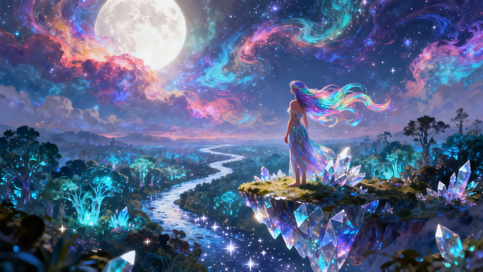 A stunning digital painting of a surreal dreamscape, where a woman stands on a floating crystal island looking out over a forest glowing with bioluminescent light and a river of stars.