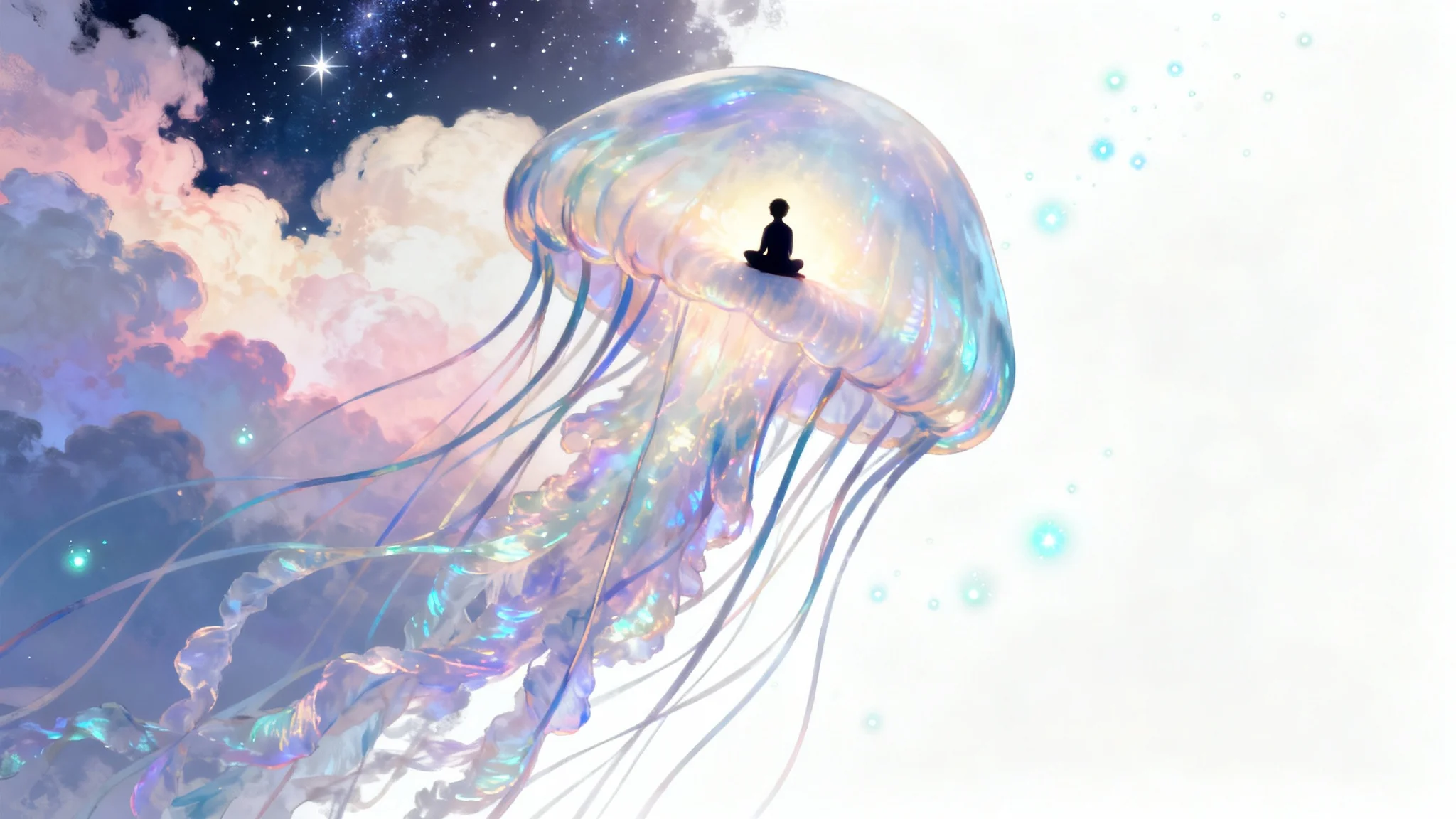 A surreal digital painting representing dream art, featuring a giant, glowing jellyfish floating through a cosmic sky with a person sitting on it, all isolated against a white background.