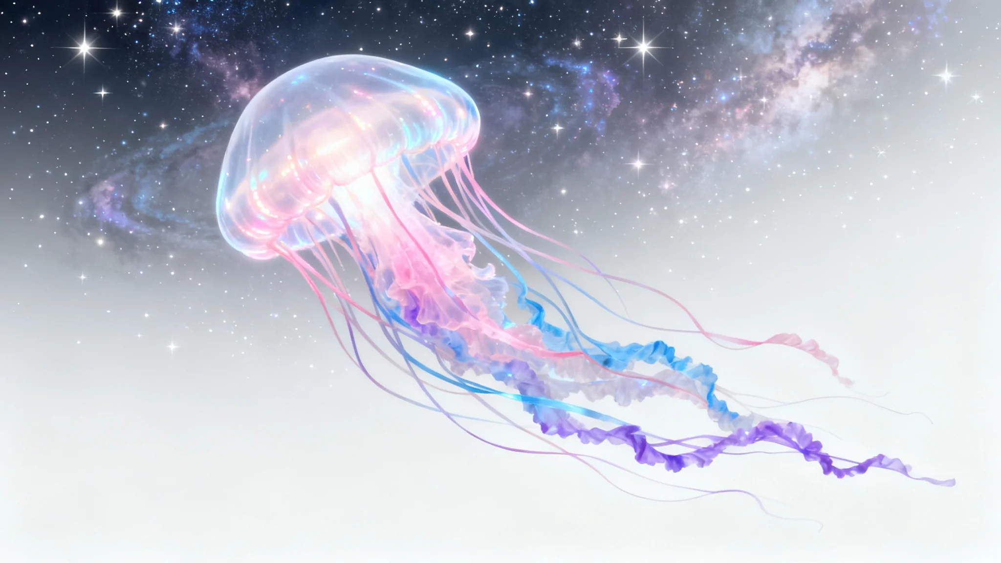 A piece of dream art showing a giant, glowing jellyfish with pastel-colored tentacles floating in a cosmic space against a clean white background.