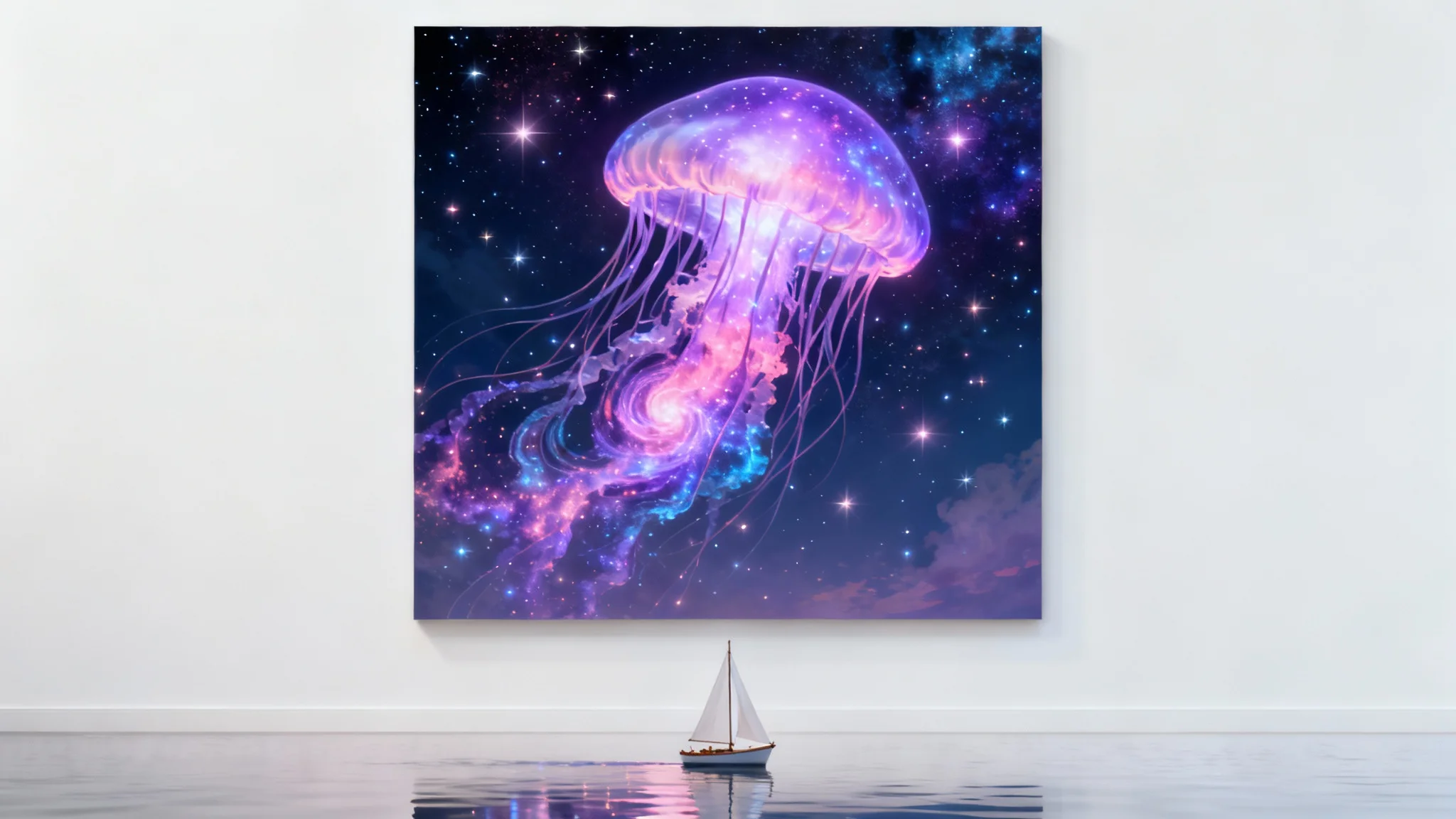 A surreal piece of dream art featuring a giant, glowing jellyfish with nebula tentacles floating in a cosmic sky above a small sailboat, presented as a mockup on a white background.