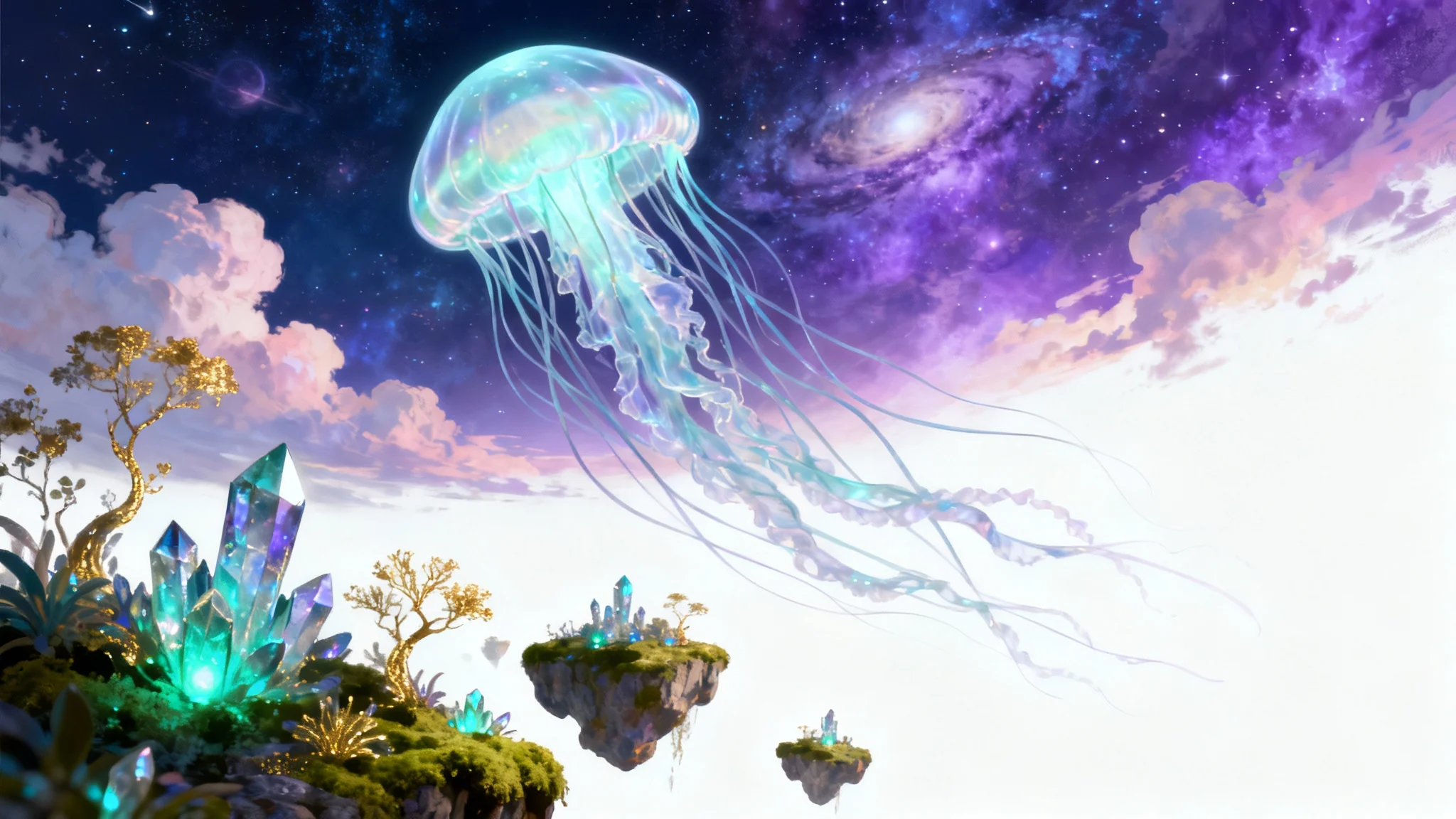 A surreal digital painting of a giant, glowing jellyfish floating in a cosmic sky above floating islands with bioluminescent plants, representing dream art.