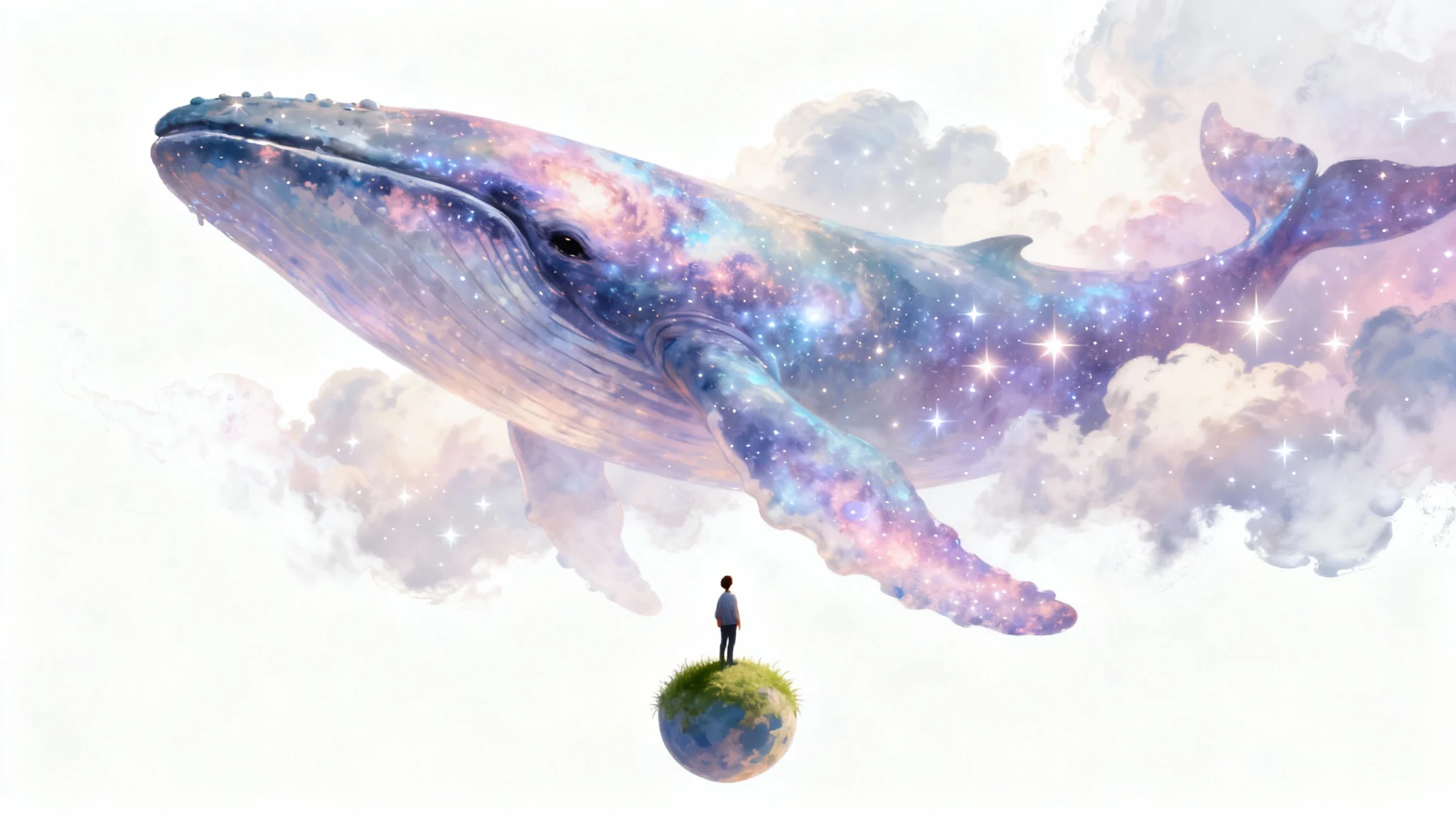 A surreal painting representing dream art, showing a person on a small planetoid looking up at a giant, cosmic whale swimming through pastel-colored clouds and stars.