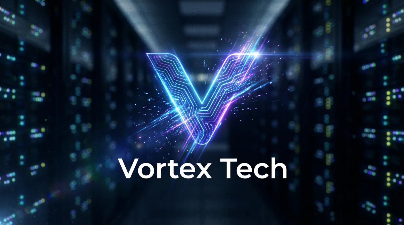 A screenshot of a finished YouTube logo intro for a tech channel named 'Vortex Tech'. A glowing blue and purple stylized 'V' logo is in the center against a dark, professional background.