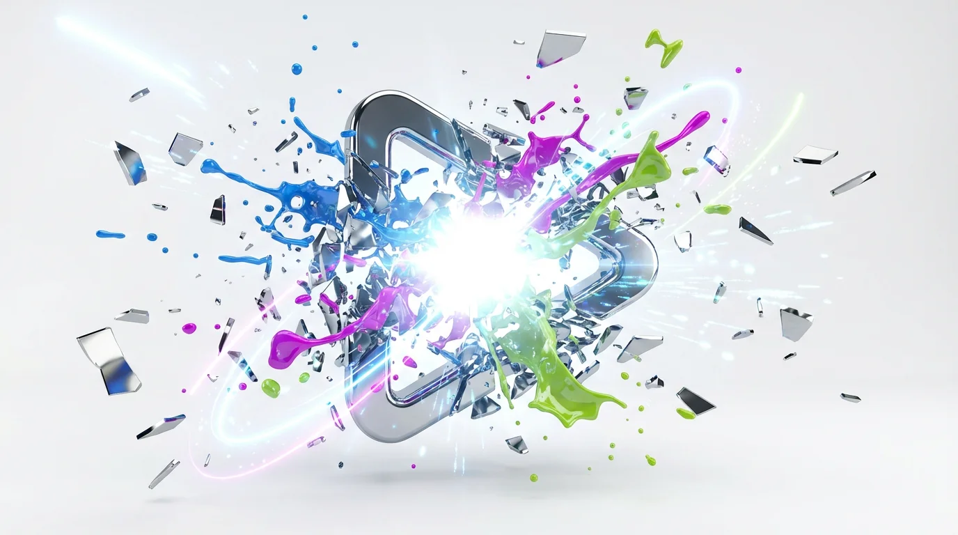 An abstract 3D rendering of a YouTube play button exploding into colorful splashes of blue, pink, and green paint against a white background, representing a dynamic logo intro.