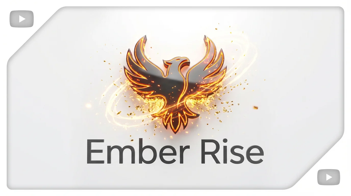 A professional mockup of a YouTube intro featuring a 3D metallic phoenix logo with glowing orange edges, surrounded by fiery embers on a clean white background. The text 'Ember Rise' is shown below the logo.