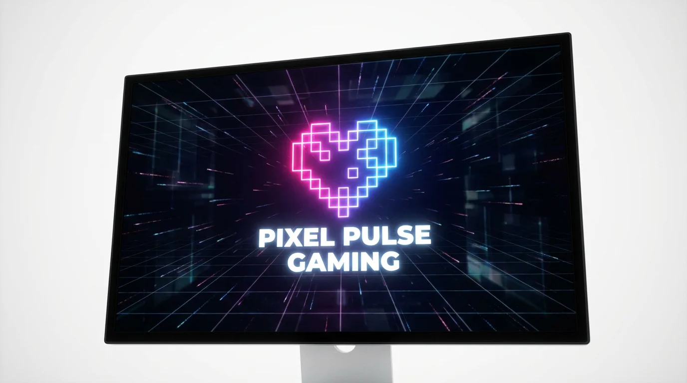 A professional mockup of a YouTube intro for a gaming channel named 'Pixel Pulse Gaming', featuring a glowing neon pixel heart logo against a dark, abstract digital background.