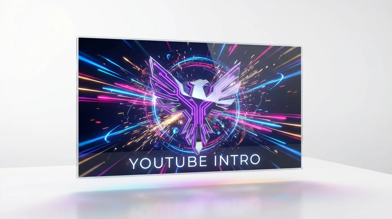 A 3D rendered mockup of a YouTube logo intro on a white background, featuring a chrome and neon purple geometric phoenix logo captured mid-explosion with vibrant blue, pink, and gold light particles.